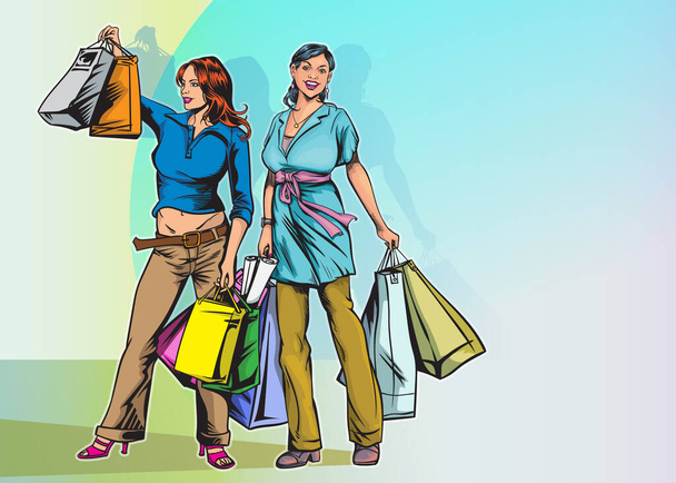 Women enjoy shopping, big discounts, buying products and gifts.She carried a paper bag filled with both hands.Pop art retro vector illustration vintage kitsch - Vector, Image