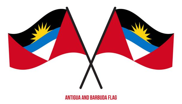 Δύο διασταυρωμένες κυματιστές σημαίες Αντίγκουα και Μπαρμπούντα σε απομονωμένο λευκό φόντο. Εικόνα διανύσματος σημαίας Αντίγκουα και Μπαρμπούντα. - Διάνυσμα, εικόνα