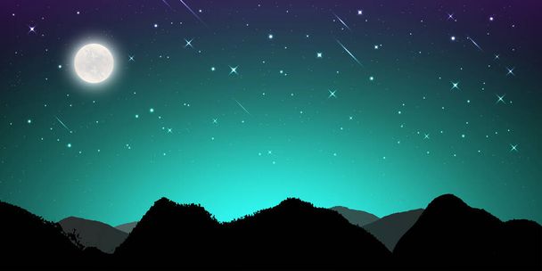 Night landscape with silhouettes of mountains and sky with stars and fullmoon, Starry night sky background.  blue sky with shinning stars, vector illustration - Vector, Image