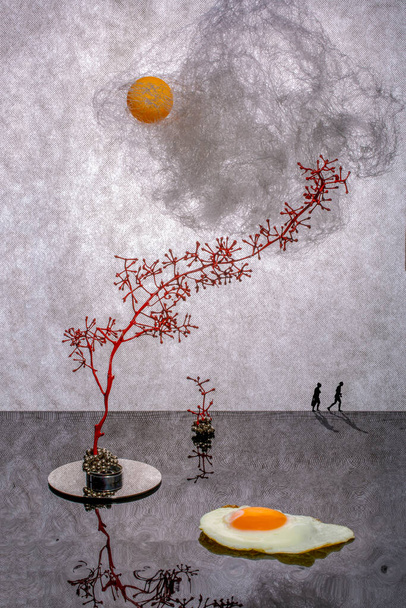 Instalação com silhuetas de pessoas, ovos fritos, sol, nuvem e ramos
 - Foto, Imagem