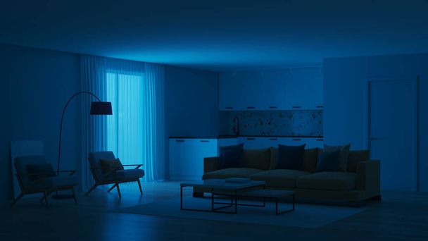 Modern hálószoba belső, kék falak és egy sárga kanapé. Neo Memphis stílusú belső tér. Jó éjt! Esti világítás. 3D renderelés. - Fotó, kép