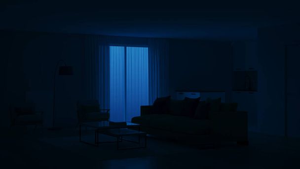 Современный интерьер спальни с голубыми стенами и желтым диваном. Интерьер в стиле Нео Мемфиса. Спокойной ночи. Вечернее освещение. 3D рендеринг
. - Фото, изображение