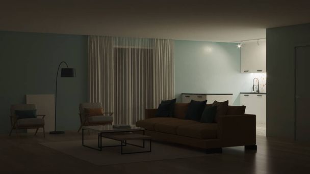 Modernes Schlafzimmer mit blauen Wänden und einem gelben Sofa. Innenraum im Neo-Memphis-Stil. Nacht. Abendbeleuchtung. 3D-Rendering. - Foto, Bild