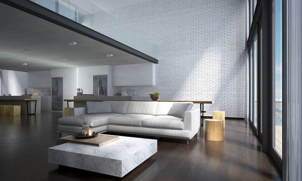 The lounge and double space living room and kitchen interior design and brick wall background - Photo, Image