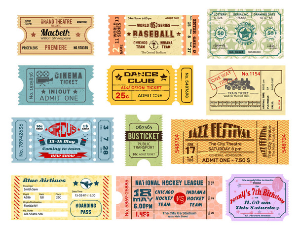 Vintage old tickets and coupons. Old paper cardboard texture tickets at cinema amusement entertainment lottery - Vector, Image