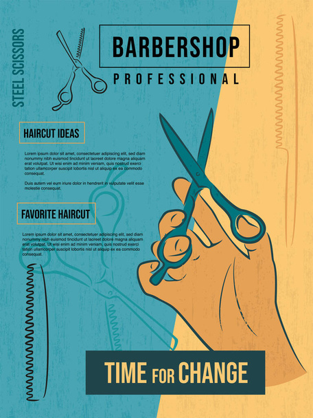 Plakat fryzjerski. Ręka trzyma profesjonalne nożyczki do strzyżenia. Rysunek dla fryzjera - Wektor, obraz
