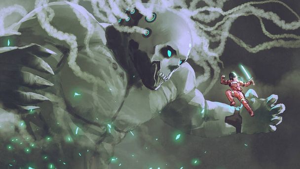 el astronauta rojo con espada de luz saltando a la batalla con el gigante alienígena., estilo de arte digital, pintura ilustración
 - Foto, imagen