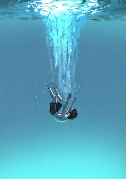 el joven cayendo bajo el agua, concepto deprimido, estilo de arte digital, pintura de la ilustración
 - Foto, Imagen