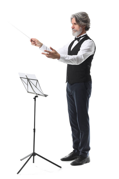 Conductor masculino senior sobre fondo blanco
 - Foto, imagen