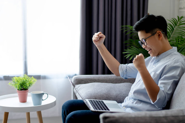 Los asiáticos están contentos y levantan las manos y miran la pantalla del portátil, sentados en el sofá en casa
. - Foto, Imagen