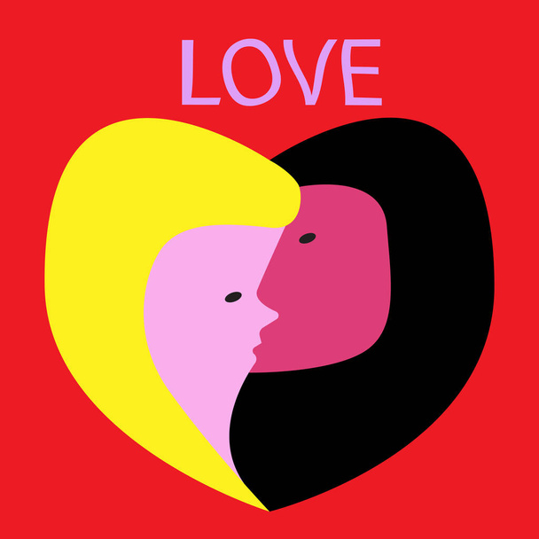 Beso fusionando hombres y mujeres jóvenes ilustración vectorial. Abstracción de amor sobre un fondo rojo
 - Vector, Imagen