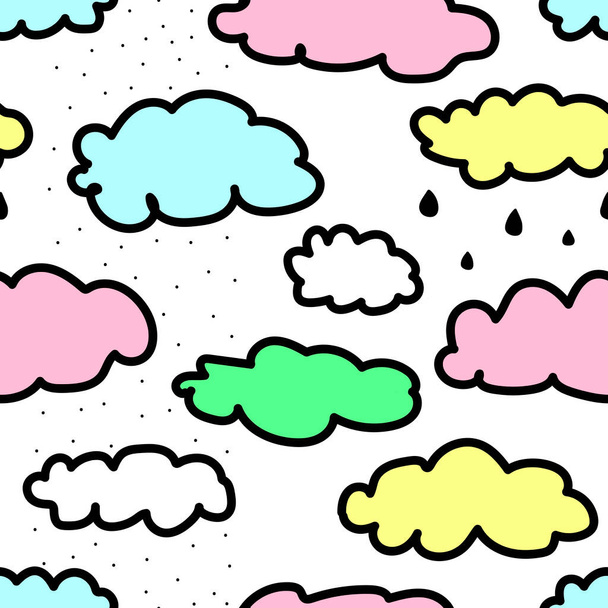 Seamless pattern of clouds with snow and rain. Cute illustration for wallpaper, wrapping paper, textile, design for children. Multicolored hand-drawn clouds with a black outline on a white background - Vektor, kép