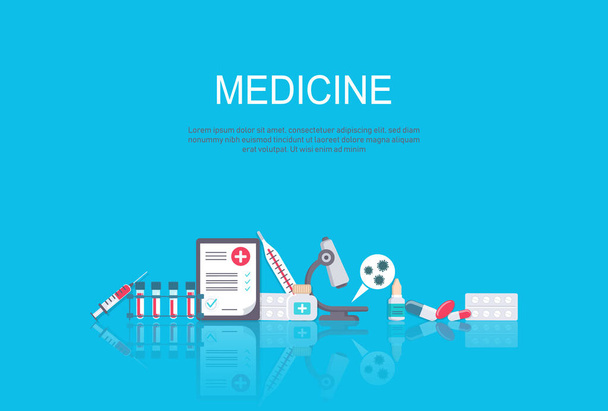 Medicine and healthcare banner, poster background with copy space. Medicine. First aid kit, stethoscope, and syringe for injection with blue vaccine, vial of medicine - Vector, Image