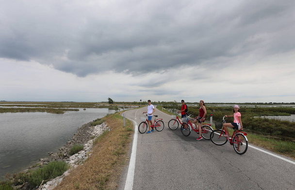 Família com mãe e dois filhos e uma filha nas bicicletas no verão
 - Foto, Imagem