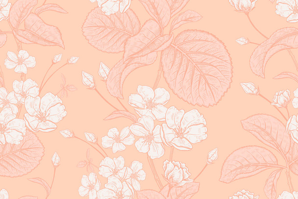 Spring floral vintage seamless pattern. Blooming Japanese cherry. Tree branches and cute bird. Vector illustration. Design for textiles, paper, wallpaper. White flowers on background color of peach gelato. - Vector, Image