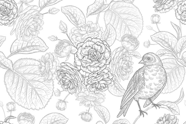 Blooming Japanese cherry. Tree branches with flowers and cute bird. Spring floral vintage seamless pattern. Vector illustration. Template for design textiles, paper, wallpaper. Black and white sketch. - Wektor, obraz