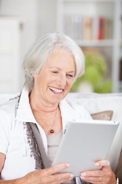 Senior woman reading an e-book on a tablet - 写真・画像