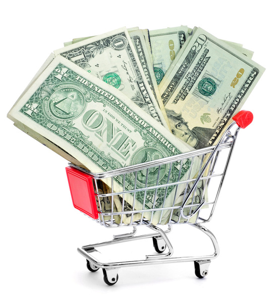 Billetes en dólares estadounidenses en un carrito de la compra
 - Foto, imagen