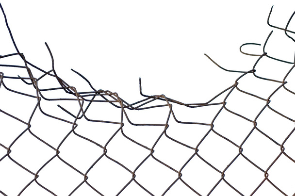 Grynge aged crushed rusty wire security fence isolated - Photo, image