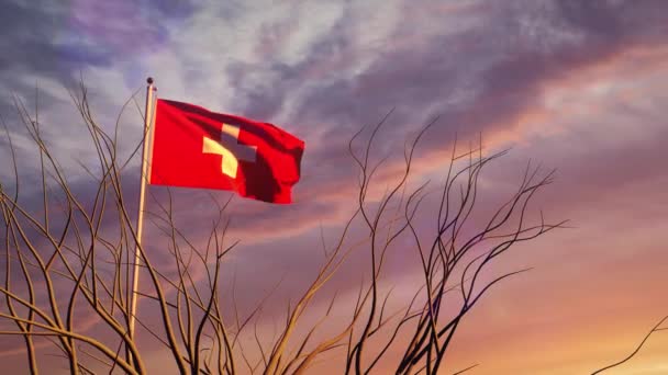 Switzerland waving sunset flag shows victory. Swiss windy flagpole represents country or democracy - animation video - Footage, Video