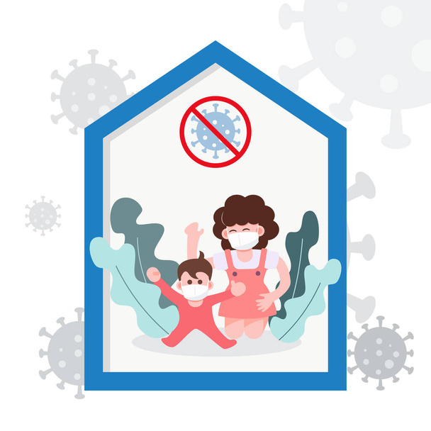 Mother's day. Mother and son wearing surgical mask happily. Stay home save life concept. Covid-19 coronavirus pandemic outbreak. Health care and medical vector. Abstract people flat character. - Vector, Image