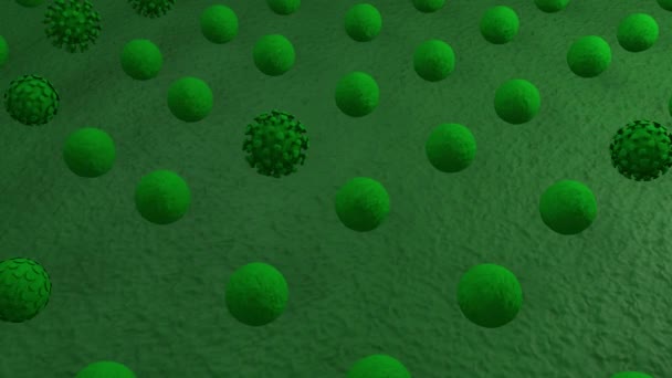 Animation 3D de beaucoup de boules se transformant massivement en coronavirus et texte covid-19. Fond vert, animation 4K symbolisant la pandémie covid-19
. - Séquence, vidéo