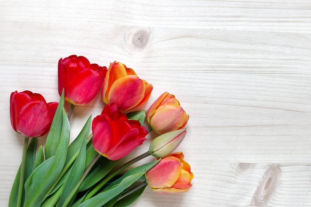 Bouquet of red blooming tulips on textured wooden background. Photo with copy blank space. - Foto, Imagem