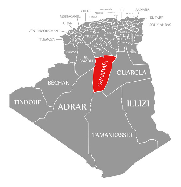 アルジェリア地図で強調表示されているGhardaia赤 - ベクター画像