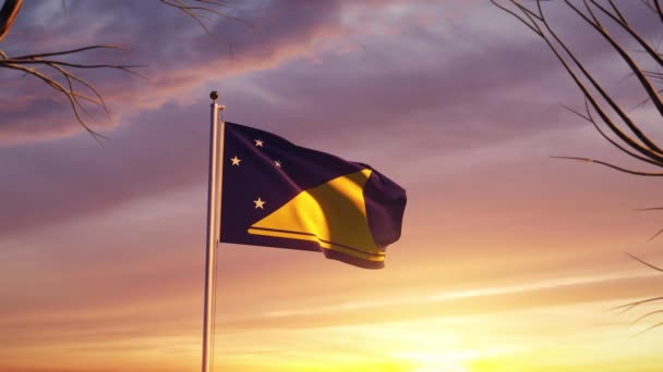 Tokelau waving sunset flag shows victory. Tokelauan windy flagpole represents country or democracy - animation video - Footage, Video