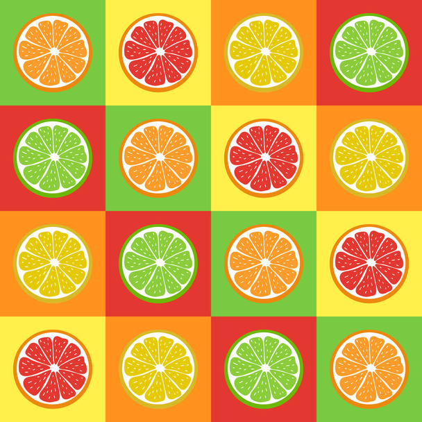 Pattern seamless of juicy citrus fruit. Lemon, orange, grapefruit, lime. Colorful elements on multicolored squares. Bright background for creative designs, banners, textiles, menus, prints, packings. - Vector, Image