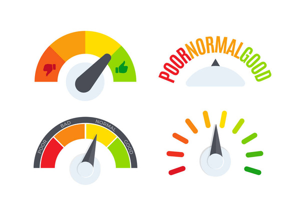 Business performance company review scale logo set. Speedometer, barometer, fuel gauge display logotype collection. Colorful dial indicator vector illustration. - Wektor, obraz
