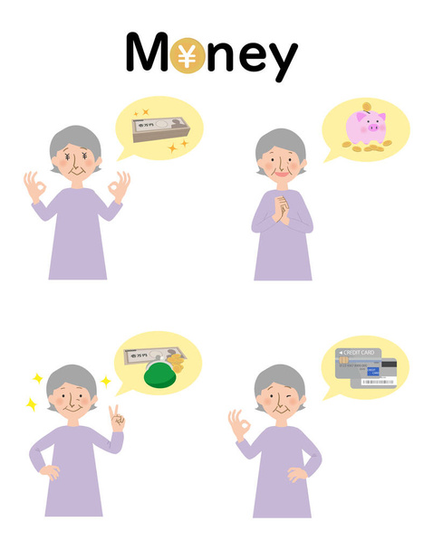 Šťastné peníze a babiččin vektor horní části těla ilustrace -Orientální babička s šedými vlasy - Vektor, obrázek