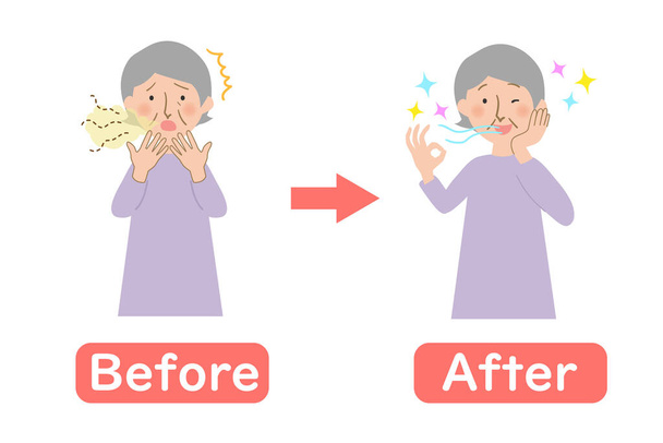 Πριν από-μετά της γιαγιάς που πάσχουν από κακή αναπνοή -Oriental γιαγιά με γκρίζα μαλλιά - Διάνυσμα, εικόνα