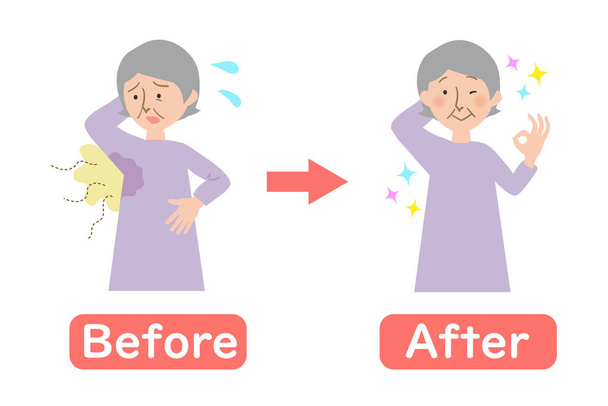 Before-after of vector illustrations of Grandma suffering aside sweat -Oriental grandma with gray hair - Vector, Image