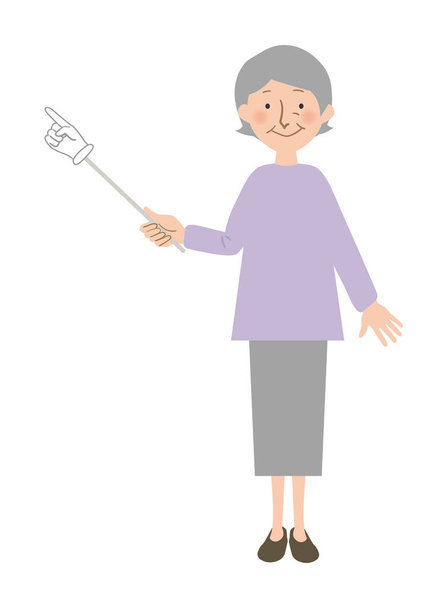Ilustración sistémica vectorial de la abuela apuntando hacia el medio en un palo de dedo-abuela oriental con el pelo gris
 - Vector, imagen