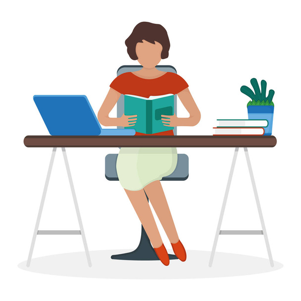 Γυναίκα χαρακτήρα συνεδρίαση πίνακα χώρο εργασίας θηλυκό διαβάσει το βιβλίο και να κάνει το φορητό υπολογιστή εργασίας freelance απομονωμένο σε λευκό, επίπεδη διανυσματική απεικόνιση. Σχεδίαση κινουμένων σχεδίων έννοια, σερφάρισμα στο διαδίκτυο προσωπικό υπολογιστή. - Διάνυσμα, εικόνα