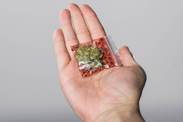 αντρική τσάντα χειρός με ιατρική μαριχουάνα που απομονώνεται σε γκρι φόντο - Φωτογραφία, εικόνα