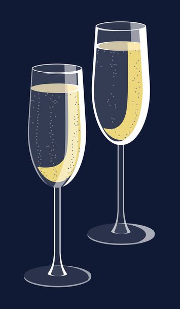 Twee glazen mousserende wijn met belletjes. Geïsoleerde vectorillustratie op donkerblauwe achtergrond. Goed voor kaarten, presentaties, uitnodigingen of stickers. - Vector, afbeelding