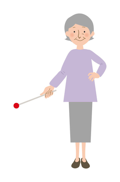 Systémová vektorová ilustrace babičky v ukazovací tyči ukazující na dno - orientální babička s šedivými vlasy - Vektor, obrázek