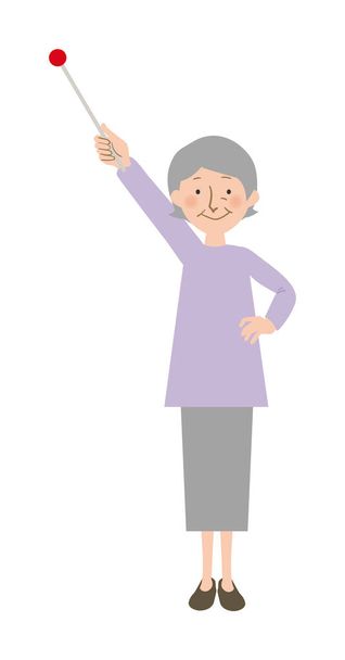 Illustration vectorielle systémique de grand-mère pointant vers une position élevée dans le bâton pointant grand-mère orientale aux cheveux gris
 - Vecteur, image