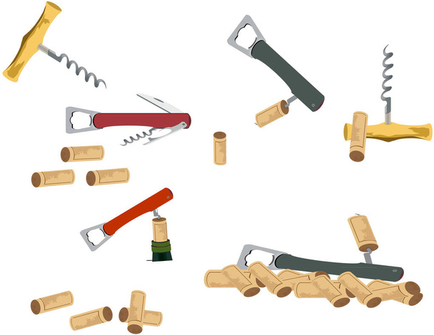 series and various corkscrews with bottle caps series and various corkscrews with bottle caps - Vector, Image