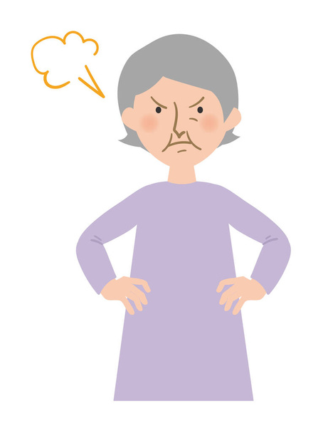 Grandma of vector illustrations angry with blood up to the head -Oriental grandma with gray hair - Vector, Image