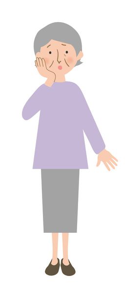 Systémová vektorová ilustrace babiččiny zvědavosti položte ruku na tvář - orientální babička s šedivými vlasy - Vektor, obrázek