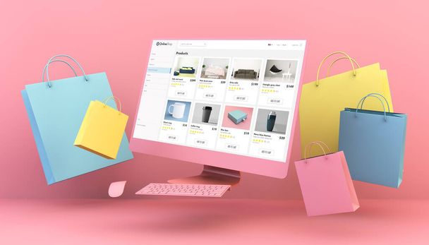 Floating computer online shop and shopping bags in pink background 3d rendering - Fotoğraf, Görsel