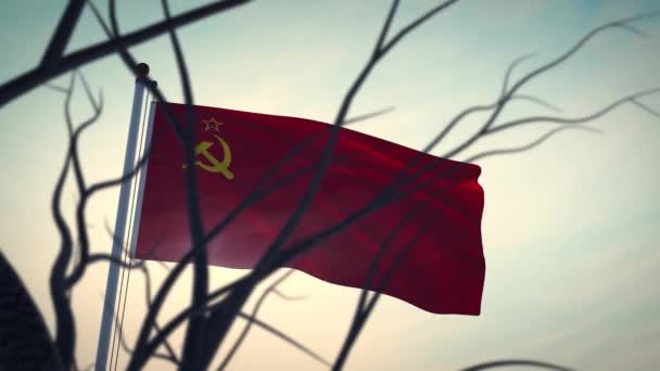 Sovjet communisme Russische vlag wapperend op vlaggenmast. Retro-socialisme embleem van stalin en lenin - video animatie  - Video