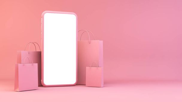 Blank mobile with shopping bags 3d rendering - Fotoğraf, Görsel