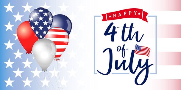 4 de julho Independência dia EUA banner com balões. Feliz Dia da Independência fundo com tipografia na bandeira americana e balões. Ilustração vetorial
 - Vetor, Imagem