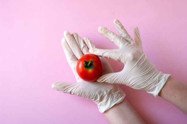 Handen in handschoenen houden een rode tomaat op roze achtergrond. Kopieerruimte. - Foto, afbeelding