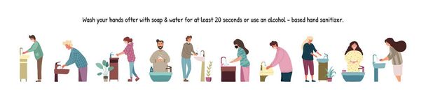 People are washing hands. Perspective of women and men standing at the wash basin. Clean hands. Daily Personal Care. Covid-19 prevention. Vector illustration in flat cartoon style. - Vector, Image