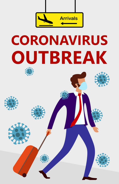 Coronavirus salgını, Roman Corona Virüsü Hastalığı COVID-19, 2019-NCoV, MERS-Cov, mavi tıbbi maskeli ve tekerlekli seyahat çantalı sakallı adam varış yönünden hareket ediyor. - Vektör, Görsel